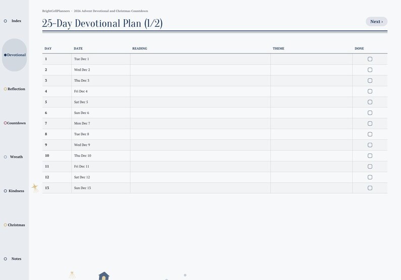 May include: A digital 25-Day Devotional Plan planner page with a sidebar menu listing Index, Devotional, Reflection, Countdown, Wreath, Kindness, Christmas, and Notes. The table tracks days 1 through 13 with columns for Date, Reading, Theme, and Done.