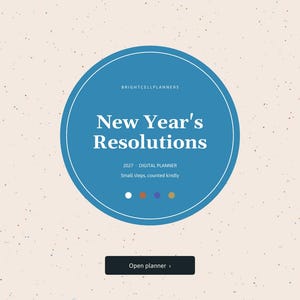 May include: A blue circular digital planner cover featuring the text BRIGHTCELLPLANNERS, New Year's Resolutions, 2027 - DIGITAL PLANNER, and Small steps, counted kindly. Below the text are four small colored circles and an Open planner button.