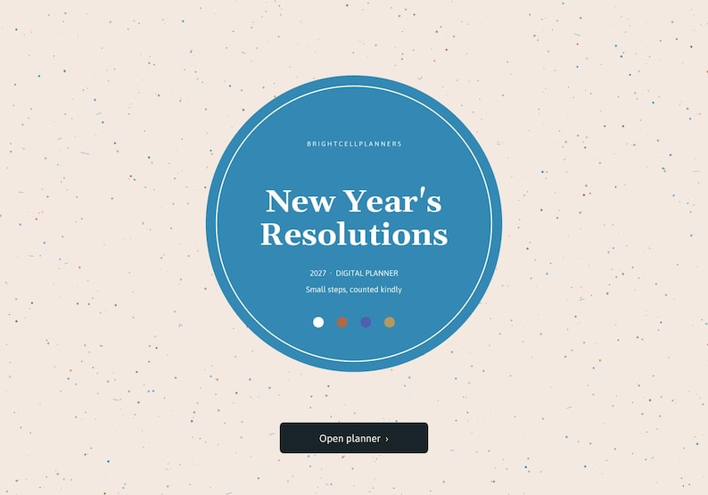 May include: A blue circular digital planner cover featuring the text BRIGHTCELLPLANNERS, New Year's Resolutions, 2027 - DIGITAL PLANNER, and Small steps, counted kindly. Below the text are four small colored circles and an Open planner button.