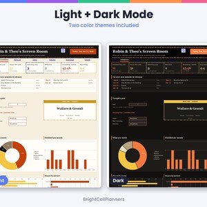 May include: A digital planner template titled Robin & Theo's Screen Room, featuring light and dark mode color themes. The layout includes a dashboard with viewing statistics, a list of upcoming episodes, a tonight's pick section, and charts.