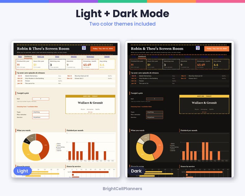 May include: A digital planner template titled Robin & Theo's Screen Room, featuring light and dark mode color themes. The layout includes a dashboard with viewing statistics, a list of upcoming episodes, a tonight's pick section, and charts.