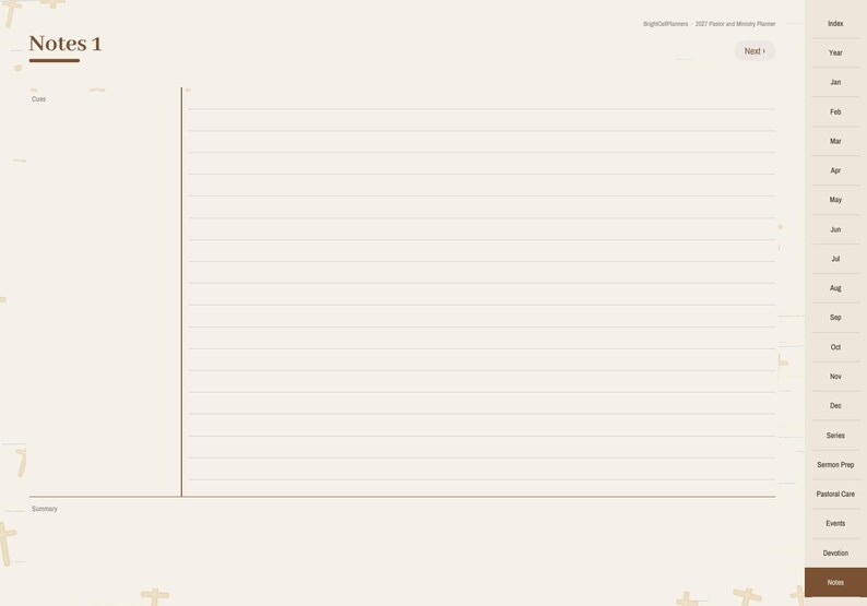 K&ouml;nnte beinhalten: Eine digitale Planerseite mit der &Uuml;berschrift Notes 1, cremefarbenem Hintergrund und braunem Text. Das Layout umfasst einen gro&szlig;en linierten Bereich zum Schreiben, einen Zusammenfassungsbereich unten und eine vertikale Navigationsleiste rechts.