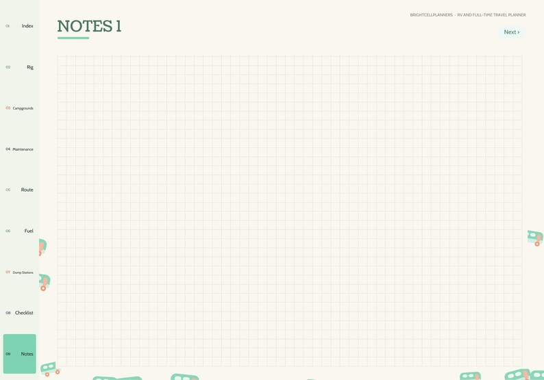 May include: A digital planner page titled NOTES 1 with a light cream grid background. The left sidebar features navigation labels including Index, Rig, Campgrounds, Maintenance, Route, Fuel, Dump Station, Checklist, and Notes in a green box.
