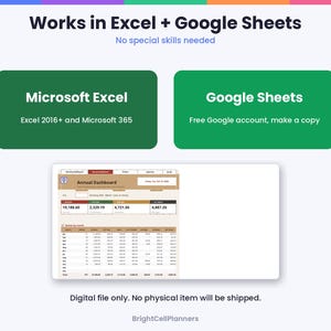 K&ouml;nnte beinhalten: Eine digitale Jahres-Dashboard-Tabellenvorlage, kompatibel mit Microsoft Excel 2016+, Microsoft 365 und Google Sheets. Die Benutzeroberfl&auml;che zeigt Finanzdaten, monatliche Zusammenfassungen und Summen in Tabellenform.