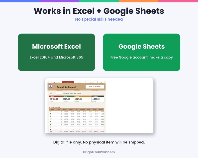 K&ouml;nnte beinhalten: Eine digitale Jahres-Dashboard-Tabellenvorlage, kompatibel mit Microsoft Excel 2016+, Microsoft 365 und Google Sheets. Die Benutzeroberfl&auml;che zeigt Finanzdaten, monatliche Zusammenfassungen und Summen in Tabellenform.