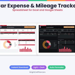 May include: A digital Car Expense & Mileage Tracker spreadsheet for Excel and Google Sheets. The display shows two dashboard versions in light and dark modes, featuring data tables, a donut chart, and a bar graph. Includes buttons for Instant Download, Light + Dark, and Auto Formulas.