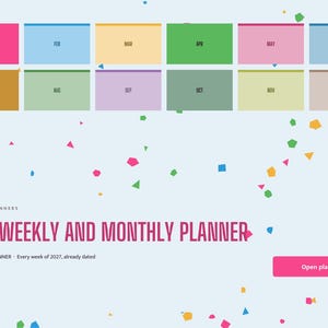 May include: A 2027 digital weekly and monthly planner interface by Brightcellplanners. The layout features twelve colorful rectangular month blocks, the text 2027 WEEKLY AND MONTHLY PLANNER, and a pink Open planner button.