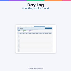 May include: A digital Day Log planner template displayed on a screen, featuring the text Day Log, Priorities, habits, mood, and BrightCellPlanners. The interface includes a table with columns for tracking daily tasks, habits, and mood metrics.