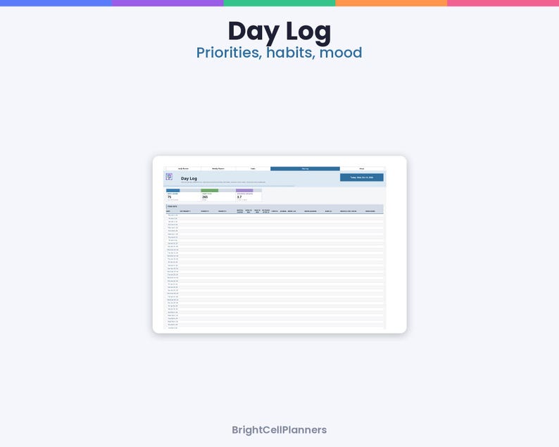 May include: A digital Day Log planner template displayed on a screen, featuring the text Day Log, Priorities, habits, mood, and BrightCellPlanners. The interface includes a table with columns for tracking daily tasks, habits, and mood metrics.