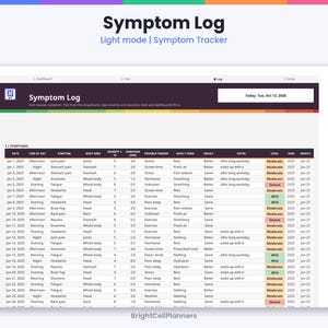 Puede incluir: Un rastreador digital de s&iacute;ntomas en modo claro con una tabla que incluye columnas para fecha, hora, s&iacute;ntoma, &aacute;rea corporal, gravedad, duraci&oacute;n, desencadenante, tratamiento, resultado, notas y nivel. El encabezado muestra Symptom Log y la fecha.