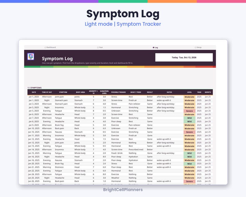 Puede incluir: Un rastreador digital de s&iacute;ntomas en modo claro con una tabla que incluye columnas para fecha, hora, s&iacute;ntoma, &aacute;rea corporal, gravedad, duraci&oacute;n, desencadenante, tratamiento, resultado, notas y nivel. El encabezado muestra Symptom Log y la fecha.