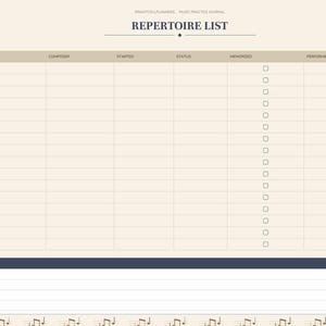 May include: A digital music practice journal page titled REPERTOIRE LIST with columns for piece, composer, started, status, memorized, and performed. The layout includes a notes section at the bottom and a navigation sidebar on the left.