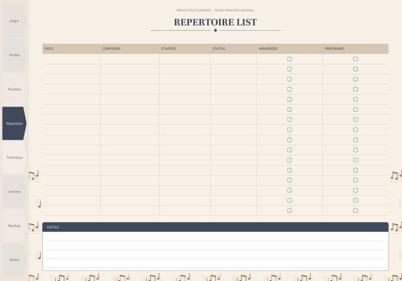 May include: A digital music practice journal page titled REPERTOIRE LIST with columns for piece, composer, started, status, memorized, and performed. The layout includes a notes section at the bottom and a navigation sidebar on the left.