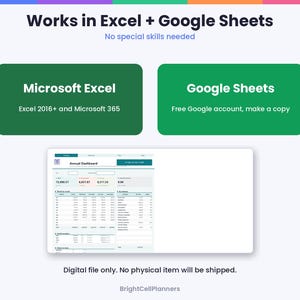 Puede incluir: Una plantilla de hoja de c&aacute;lculo de panel anual digital compatible con Microsoft Excel 2016 y versiones posteriores, Microsoft 365 y Google Sheets. El gr&aacute;fico muestra el texto Works in Excel + Google Sheets, No special skills needed.