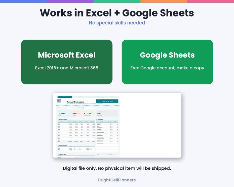 Puede incluir: Una plantilla de hoja de c&aacute;lculo de panel anual digital compatible con Microsoft Excel 2016 y versiones posteriores, Microsoft 365 y Google Sheets. El gr&aacute;fico muestra el texto Works in Excel + Google Sheets, No special skills needed.