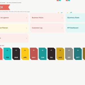 May include: A digital 2027 small business planner index page featuring a sidebar with navigation tabs. The main area displays rectangular buttons labeled 2027 at a glance, Business Vision, Quarterly Goals, Launch Planner, Customer Log, KPI Dashboard, and Notes, plus a row of twelve colored month icons.
