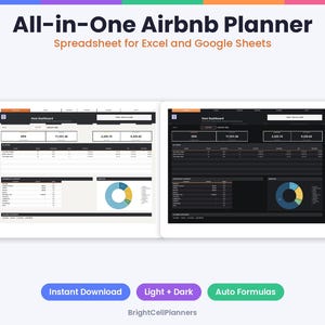 Puede incluir: Una hoja de c&aacute;lculo All-in-One Airbnb Planner para Excel y Google Sheets que muestra un panel de control para anfitriones en modo claro y oscuro con tablas de datos y gr&aacute;ficos circulares. Debajo hay tres botones: Instant Download, Light + Dark, Auto Formulas.