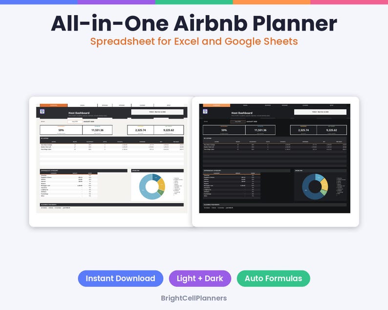 Puede incluir: Una hoja de c&aacute;lculo All-in-One Airbnb Planner para Excel y Google Sheets que muestra un panel de control para anfitriones en modo claro y oscuro con tablas de datos y gr&aacute;ficos circulares. Debajo hay tres botones: Instant Download, Light + Dark, Auto Formulas.