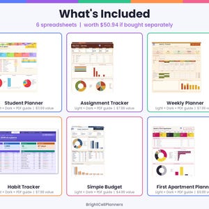 May include: A digital collection of six spreadsheets titled What's Included, featuring a Student Planner, Assignment Tracker, Weekly Planner, Habit Tracker, Simple Budget, and First Apartment Planner, each displaying colorful charts, graphs, and data tables.