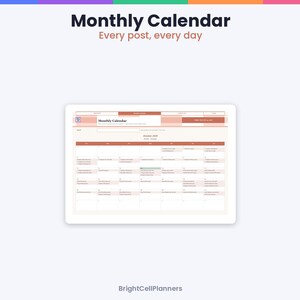 May include: A digital monthly calendar planner interface displayed on a screen. The header features the text Monthly Calendar and Every post, every day. The layout includes a grid for October 2023 with various entries and the text BrightCellPlanners.