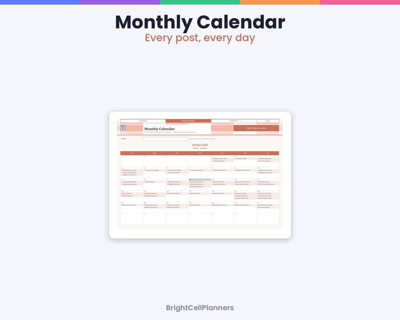 May include: A digital monthly calendar planner interface displayed on a screen. The header features the text Monthly Calendar and Every post, every day. The layout includes a grid for October 2023 with various entries and the text BrightCellPlanners.