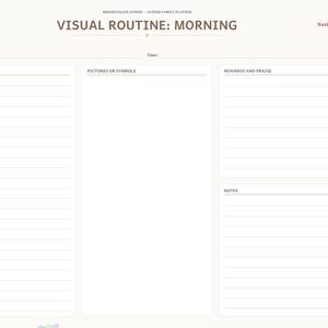 May include: A digital planner page titled VISUAL ROUTINE: MORNING with sections for STEPS, PICTURES OR SYMBOLS, REWARDS AND PRAISE, and NOTES. The right side features a vertical navigation tab menu with labels including Index, My Child, Routines, Therapy, IEP, Sensory, Triggers, Wins, and Notes.