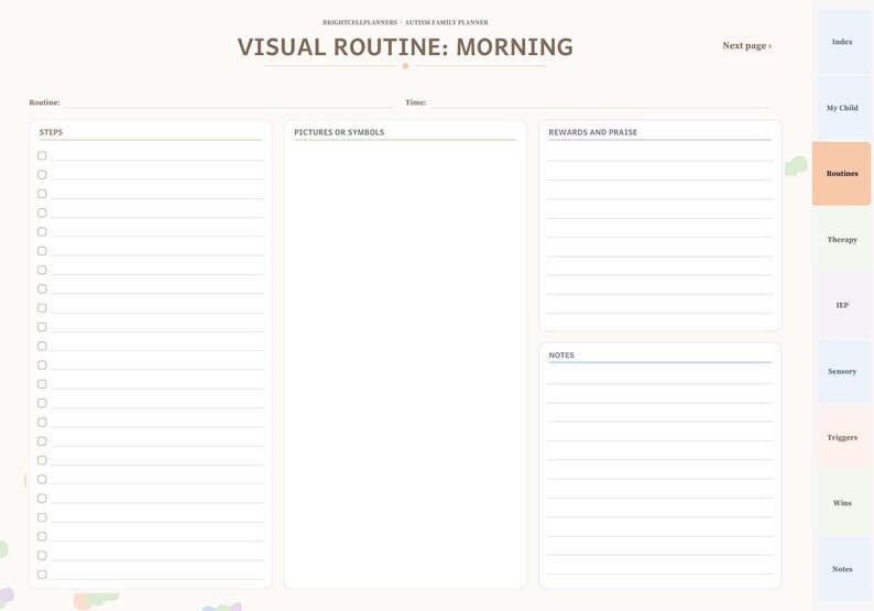 May include: A digital planner page titled VISUAL ROUTINE: MORNING with sections for STEPS, PICTURES OR SYMBOLS, REWARDS AND PRAISE, and NOTES. The right side features a vertical navigation tab menu with labels including Index, My Child, Routines, Therapy, IEP, Sensory, Triggers, Wins, and Notes.