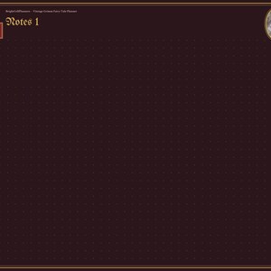 K&ouml;nnte beinhalten: Eine digitale Planerseite mit dunkelmarunfarbenem Hintergrund und goldenem Rand. Die Seite zeigt ein Raster aus hellen Punkten, ein rotes Quadrat mit dem Buchstaben N, den Text Notes 1 und eine seitliche Navigationsleiste mit Registerkarten.