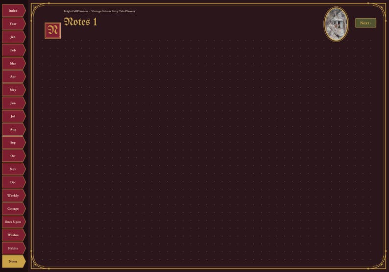 K&ouml;nnte beinhalten: Eine digitale Planerseite mit dunkelmarunfarbenem Hintergrund und goldenem Rand. Die Seite zeigt ein Raster aus hellen Punkten, ein rotes Quadrat mit dem Buchstaben N, den Text Notes 1 und eine seitliche Navigationsleiste mit Registerkarten.