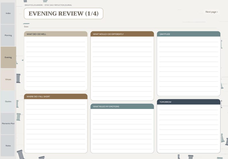 May include: A digital daily reflection journal page titled Evening Review (1/4) with sections for What Did I Do Well, What Would I Do Differently, Gratitude, Where Did I Fall Short, What Ruled My Emotions, and Tomorrow, featuring a side navigation bar.