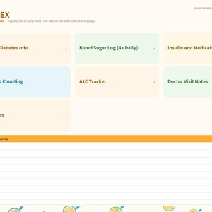May include: A digital diabetes log book index page featuring a vertical navigation bar with circular tabs. The main area contains rectangular tiles labeled My Diabetes Info, Blood Sugar Log, Insulin and Medication Dosing, Carb Counting, A1C Tracker, Doctor Visit Notes, and Notes, plus a Quick Notes section.