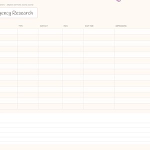 May include: A digital planner page titled Agency Research with a table for tracking agency details including type, contact, fees, wait time, impressions, and applied checkboxes. The layout features side tabs and a lined notes section at the bottom.