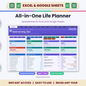 May include: An All-in-One Life Planner spreadsheet for Excel and Google Sheets featuring a dashboard with sections for tasks, habits, goals, and health tracking. The interface displays text including Good morning, Sam and various metrics.