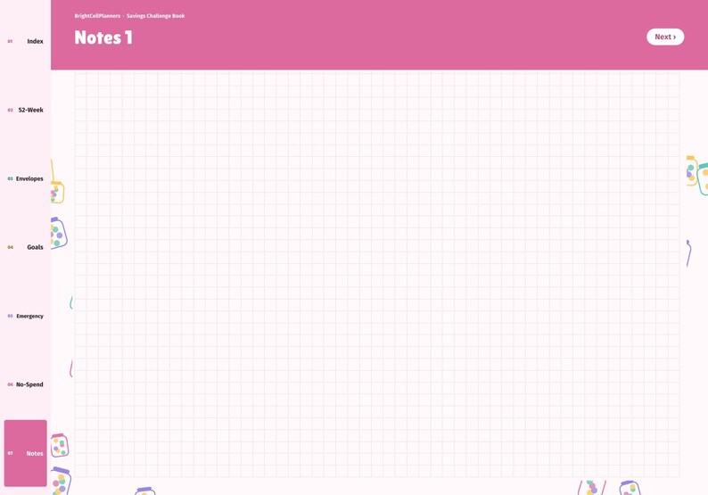 Op de afbeelding: Een digitale plannerpagina getiteld Notes 1 met een roze koptekst en een witte rasterachtergrond. De linkerzijbalk bevat navigatietabbladen met de labels Index, 52-Week, Envelopes, Goals, Emergency, No-Spend en Notes. Een Next-knop staat rechtsboven.
