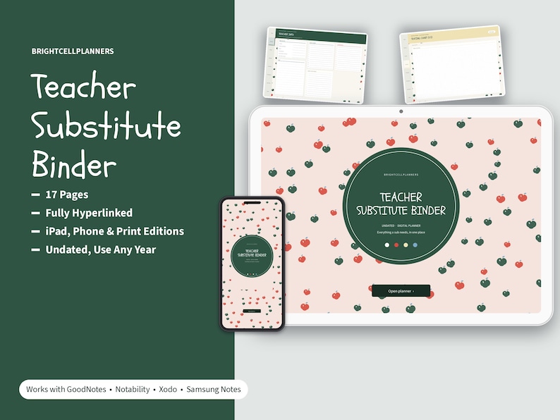 May include: A digital teacher substitute binder planner displayed on a tablet and smartphone screen. The interface features a light pink background with a pattern of small red and dark green apples, a central dark green circle, and text.