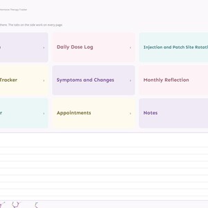 May include: A digital planner index page titled HRT Hormone Therapy Tracker. It features a grid of pastel-colored tiles labeled My HRT Plan, Daily Dose Log, Injection and Patch Site Rotation, Lab Results Tracker, Symptoms and Changes, Monthly Reflection, Refill Tracker, Appointments, and Notes. A lined Quick notes section sits below.