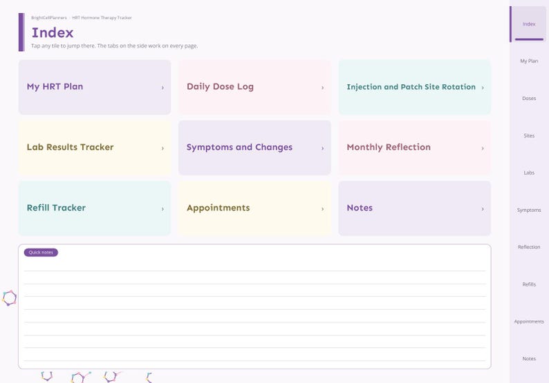 May include: A digital planner index page titled HRT Hormone Therapy Tracker. It features a grid of pastel-colored tiles labeled My HRT Plan, Daily Dose Log, Injection and Patch Site Rotation, Lab Results Tracker, Symptoms and Changes, Monthly Reflection, Refill Tracker, Appointments, and Notes. A lined Quick notes section sits below.