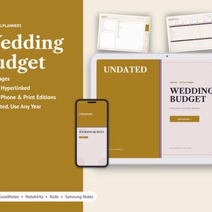 May include: A digital wedding budget planner displayed on a tablet and smartphone screen, featuring a mustard yellow and cream color scheme. The text reads Wedding Budget, Undated, and Brightcellplanners, with lists of features including 12 pages.