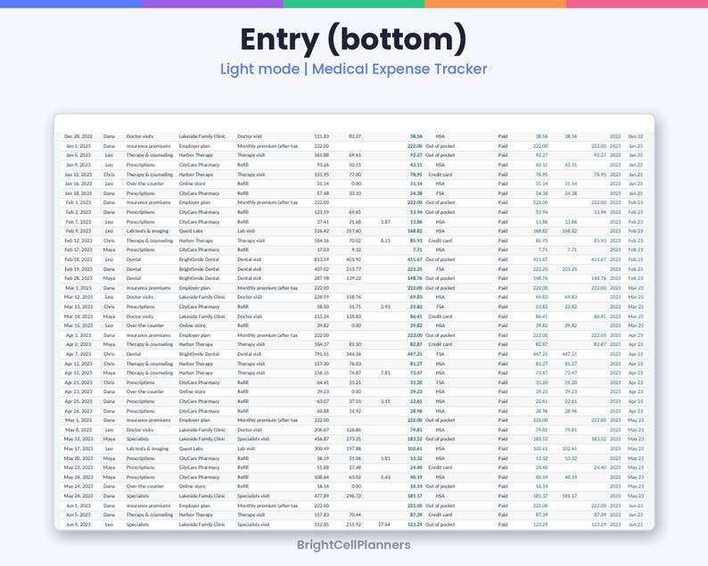 Puede incluir: Una hoja de c&aacute;lculo digital de seguimiento de gastos m&eacute;dicos titulada Entry (bottom) Light mode. La tabla muestra columnas para fechas, nombres, categor&iacute;as, proveedores, descripciones y varios importes financieros.