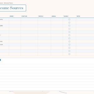 K&ouml;nnte beinhalten: Eine digitale Seite f&uuml;r einen Ruhestandsplaner mit der &Uuml;berschrift Income Sources und einer Tabelle mit Spalten f&uuml;r Quelle, Eigent&uuml;mer, Startalter, monatlich, j&auml;hrlich, steuerpflichtig und Notizen.