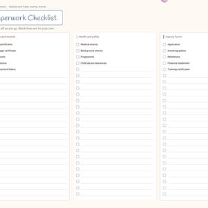 May include: A digital planner page titled Paperwork Checklist with three columns for Identity and records, Health and safety, and Agency forms. Each section contains checkboxes and lines for tracking adoption documents like birth certificates and medical exams.