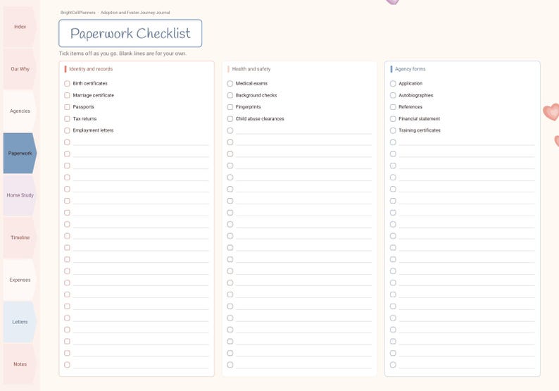 May include: A digital planner page titled Paperwork Checklist with three columns for Identity and records, Health and safety, and Agency forms. Each section contains checkboxes and lines for tracking adoption documents like birth certificates and medical exams.