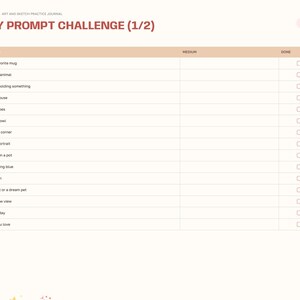 May include: A digital planner page titled 30-Day Prompt Challenge (1/2) with a table listing days 1 through 15 and corresponding art prompts like Your favorite mug, A cloud animal, and A plant in a pot, featuring checkboxes for completion.