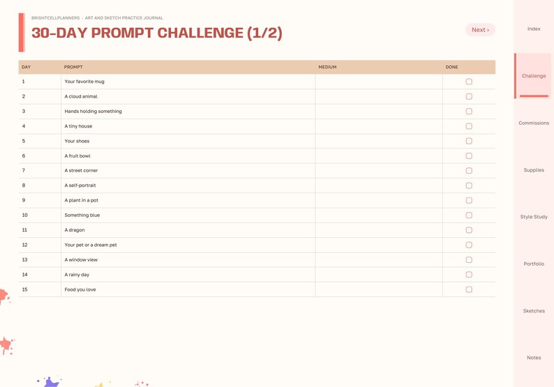 May include: A digital planner page titled 30-Day Prompt Challenge (1/2) with a table listing days 1 through 15 and corresponding art prompts like Your favorite mug, A cloud animal, and A plant in a pot, featuring checkboxes for completion.