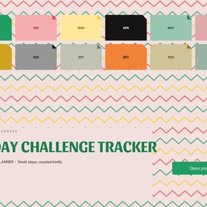 May include: A digital planner interface titled 75 DAY CHALLENGE TRACKER by BRIGHTCELLPLANNERS for 2027. It features twelve rectangular month tabs in various colors, a chevron patterned background, and a green button labeled Open planner.