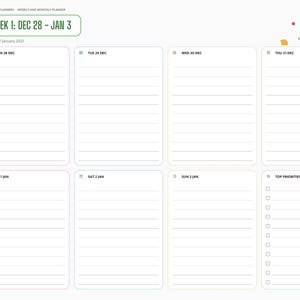May include: A digital weekly planner page titled Week 1: Dec 28 - Jan 3. The layout features seven daily sections with horizontal lines for notes, a section for top priorities with checkboxes, and a sidebar navigation menu with month labels.