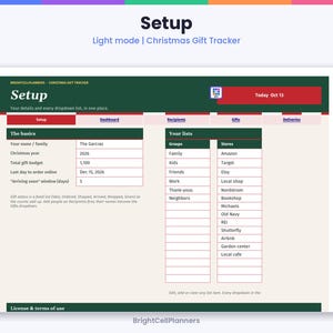 Puede incluir: Una hoja de c&aacute;lculo digital para el seguimiento de regalos de Navidad en modo claro. La interfaz presenta un encabezado verde oscuro con el texto Setup, una franja roja con Today Oct 13 y secciones para The basics y Your lists con campos.