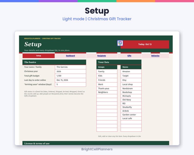 Puede incluir: Una hoja de c&aacute;lculo digital para el seguimiento de regalos de Navidad en modo claro. La interfaz presenta un encabezado verde oscuro con el texto Setup, una franja roja con Today Oct 13 y secciones para The basics y Your lists con campos.