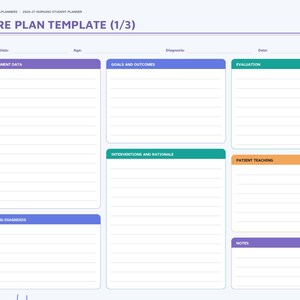 May include: A digital nursing student planner page titled Care Plan Template (1/3) with sections for assessment data, goals, outcomes, interventions, rationale, evaluation, patient teaching, and notes, featuring a sidebar with monthly tabs.