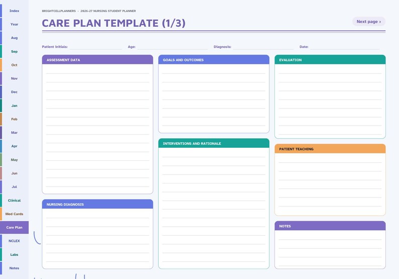 May include: A digital nursing student planner page titled Care Plan Template (1/3) with sections for assessment data, goals, outcomes, interventions, rationale, evaluation, patient teaching, and notes, featuring a sidebar with monthly tabs.